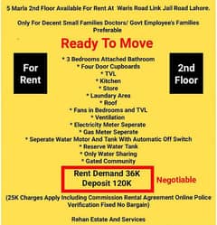 5Marla 2nd Floor For Rent At  Waris Road Link Jail Road Lahore