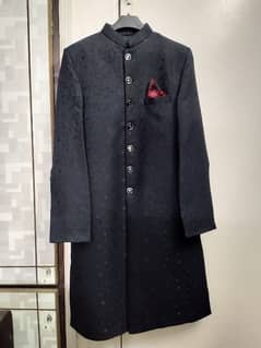 Black Sherwani self-printed with Maroon banarsi Kulla.