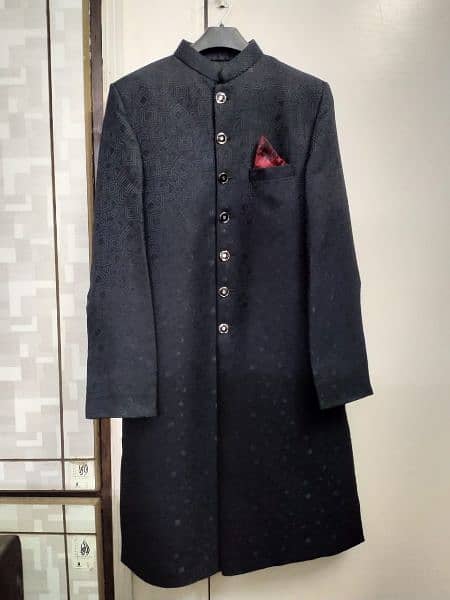 Black Sherwani self-printed with Maroon banarsi Kulla. 0