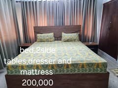 king size bed plus 2 side tables, dresser and mattress