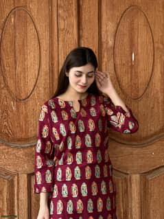 2 PC's women's stitched linen Printed Shirt & Trouser  (Maroon)