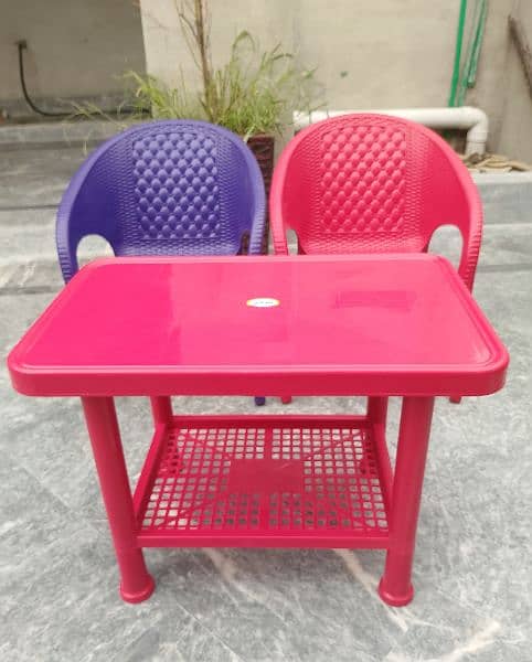 2 Plastic Kids chairs , 1 Table set 8