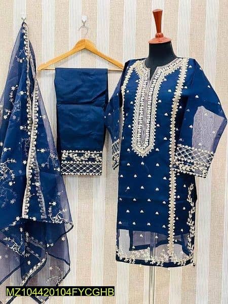 3 Pcs Woman's Stitched Organza Embroidered suit 1