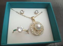 Crystal Pearl Pendant With Gold Tone Chain, Earrings And Ring Set