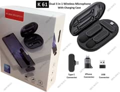 K61 Wireless Microphone - Portable Charging Case - 3 in 1 Connector