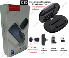 K60 Wireless Microphone - Portable Charging Case - 3 in 1 Connector