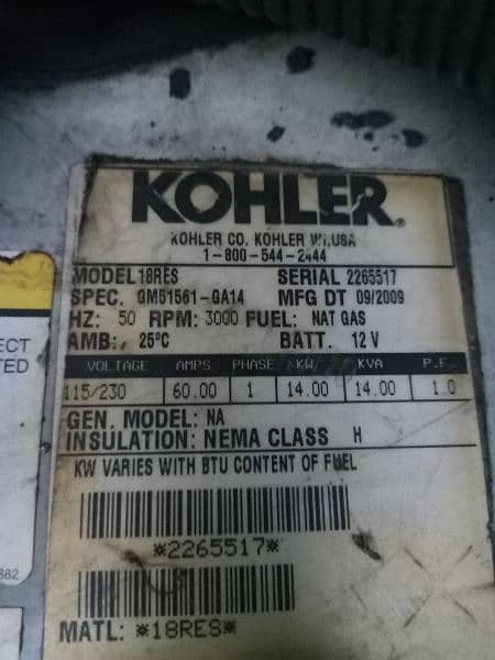 Kohler generator 14 kva gas and LpG made by USA 1