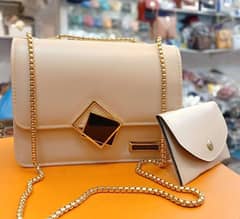 2 pcs PU leather hand bag with long golden chain for girls deliverable