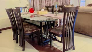 Dining Table 6 Seater Wooden Chair with Premium Triple Glass Top