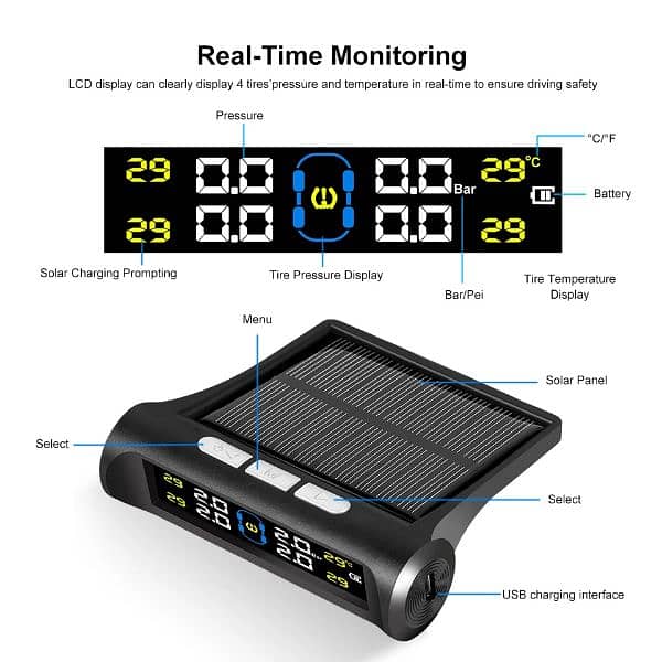 Car Solar TPMS Tire Pressure Monitoring System Solar Power Digit 16