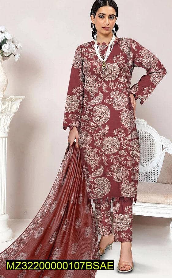 3 Pcs Women's Unstitched Lawn Printed Suit 4