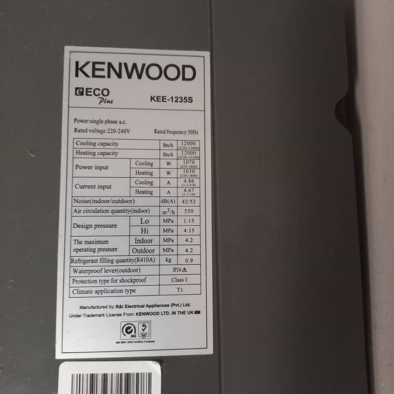 Kenwood 1 Ton DC Inverter Split AC like new 9