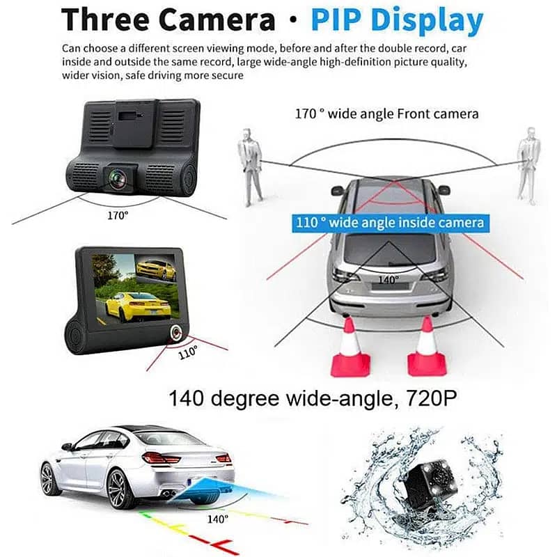 WDR Dashcam 3 Camera Lens Video Car DVR Full HD 1080P 3