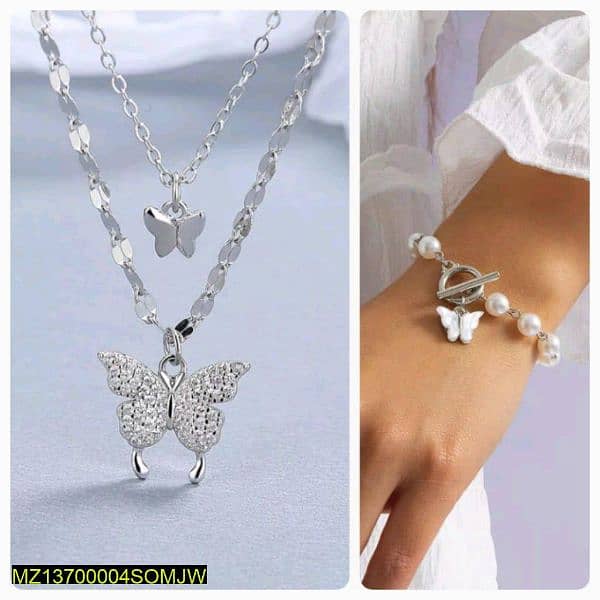 2 PCs Alloy silver plated Butterfly necklace and bracelet set 2