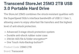 Transcend storejet 25M3 2TB USB Portable Harddrive