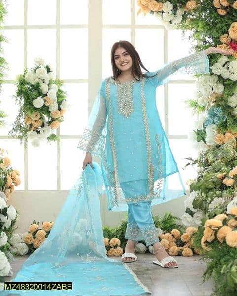 3 Pcs women's stitched organza Embroidered suit 1