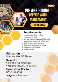 We are hiring staff for Office Work Male/Female