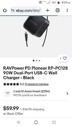 Ravpower 90w GaN dual type C PD 3.0 charger