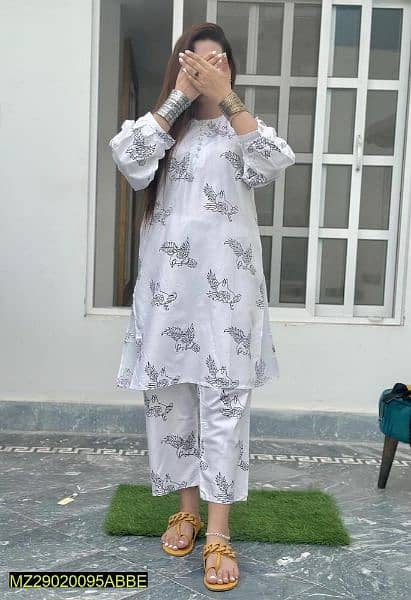 2 pcs Woman's Stitched Arabic lawn printed shirts & trousers 1
