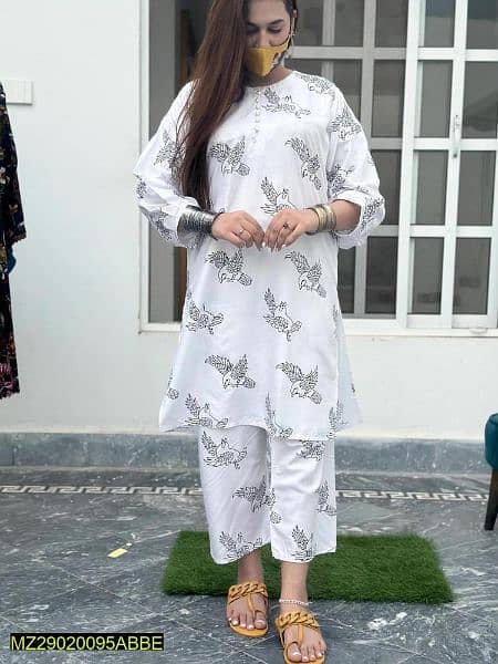 2 pcs Woman's Stitched Arabic lawn printed shirts & trousers 2