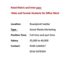 need fresh matric pass male and female students for office work