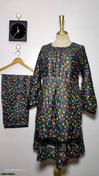 2 PCs women's stitched lawn Digital print frock and trouser 0