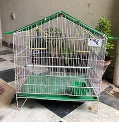 Green Roof Parrot Cage Durable with Perches, Feeders & Easy-Clean Tray