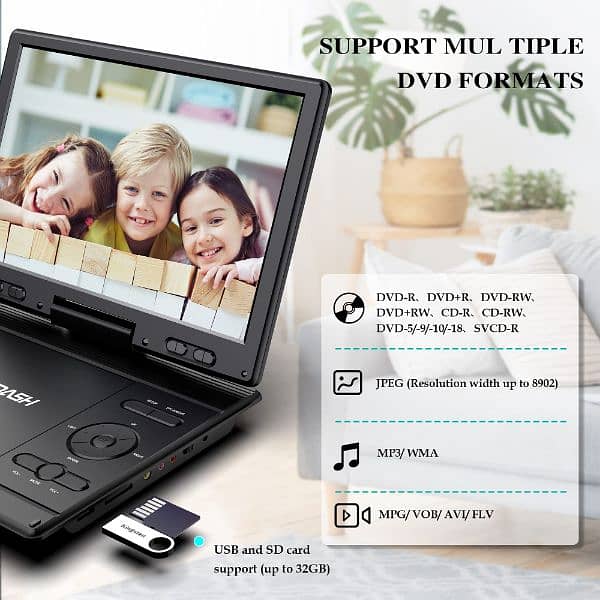 14.9" Portable DVD Player with 12.5" Large HD Swivel Screen, 3