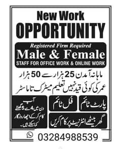 Males and females required for offlice and online work