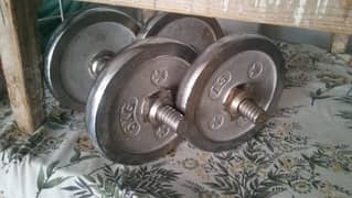 Dumbbells, weight plates, chest rod with bench