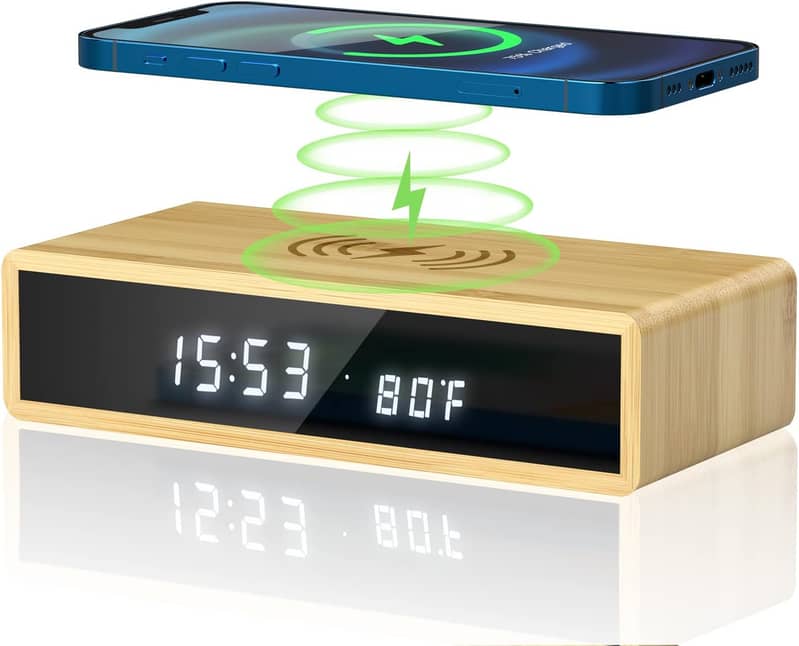 Digital Alarm Clock Wireless Charging Wooden 0