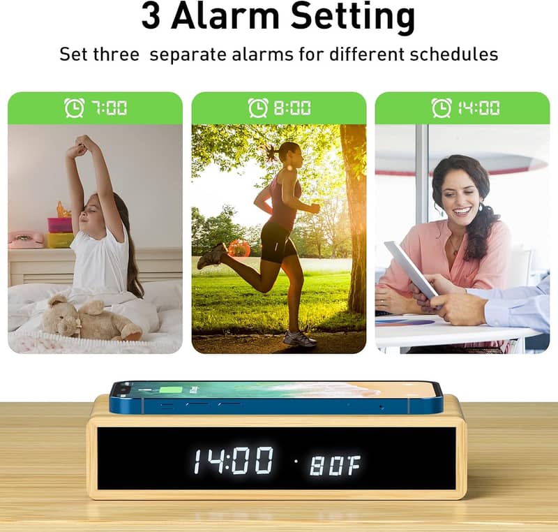 Digital Alarm Clock Wireless Charging Wooden 2