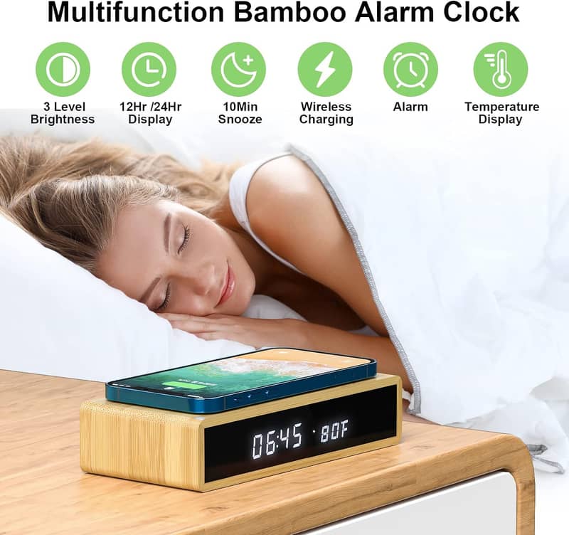Digital Alarm Clock Wireless Charging Wooden 5