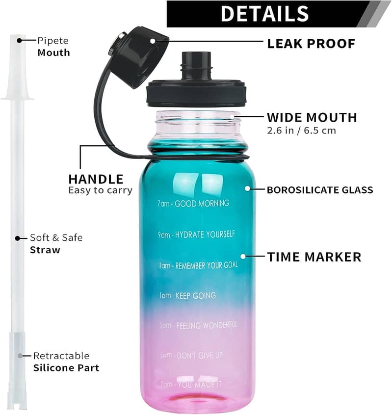 Glass Water Bottle with Straw & Time Marker Large 48 Oz 5