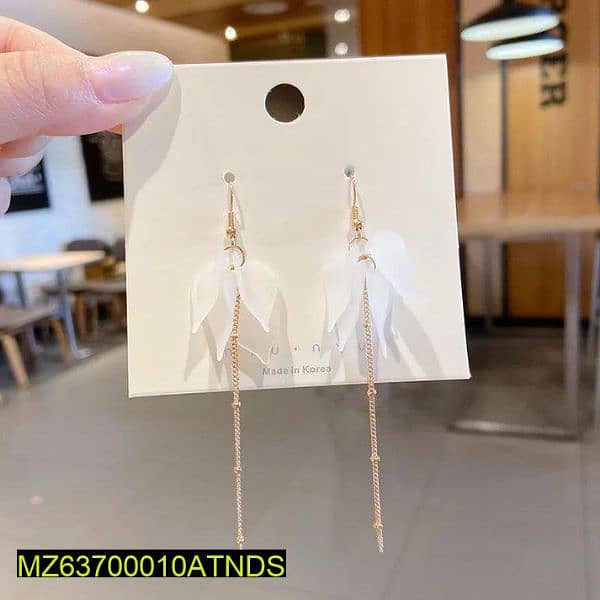 White Flower Petal Long Tassel Earrings 2