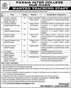 Teachers Required in Fazaia Inter College Nur Khan