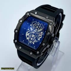Bold and Modern Men's Skeleton Dial Analog Watch - Black and Blue Edi