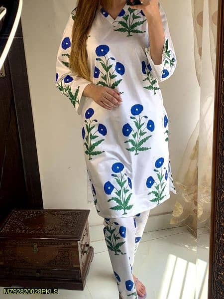 2 pcs women's stitched linen printed shirt and trouser 1