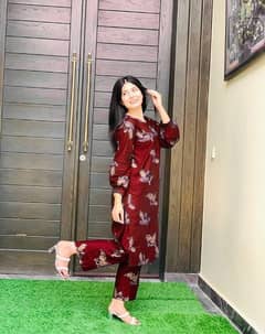 2 Pcs Women Stitch lawn  Printed shirt and trouser in 4 color