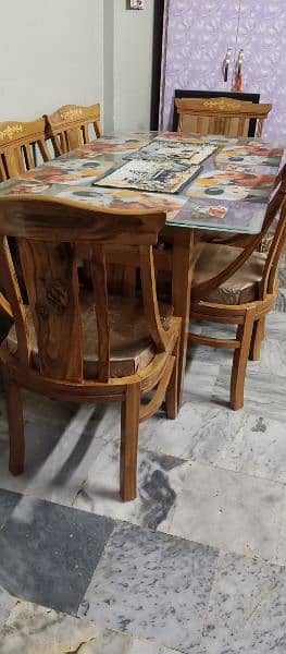 Glass Dining Table With Wooden Frame & 6 Comfortable Chairs 6
