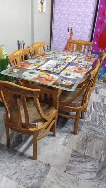 Glass Dining Table With Wooden Frame & 6 Comfortable Chairs 11