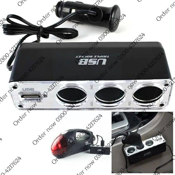 3 Way Multi Socket Car Cigarette Lighter Splitter USB Port Plug 0