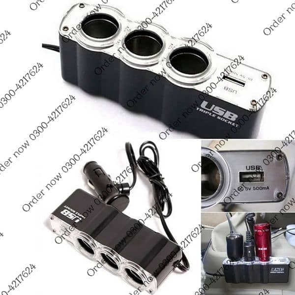 3 Way Multi Socket Car Cigarette Lighter Splitter USB Port Plug 2