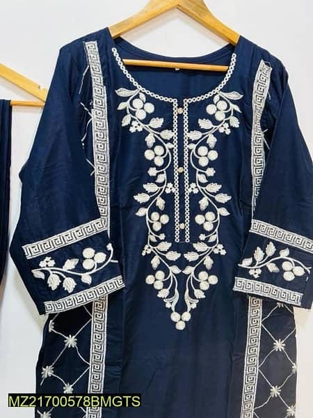 2 Pcs Women's Stitched Linen Embroidered Suit 0