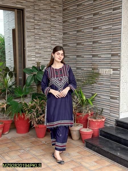 2 Pcs Women's Stitched Linen Embroidered Shirt And Trouser 0
