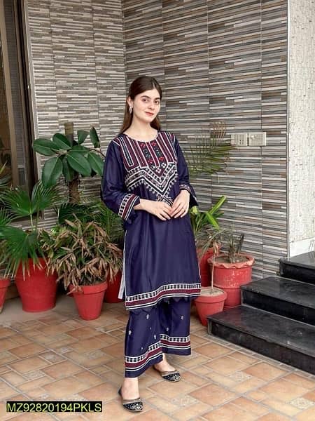 2 Pcs Women's Stitched Linen Embroidered Shirt And Trouser 2