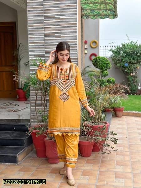 2 Pcs Women's Stitched Linen Embroidered Shirt And Trouser 3