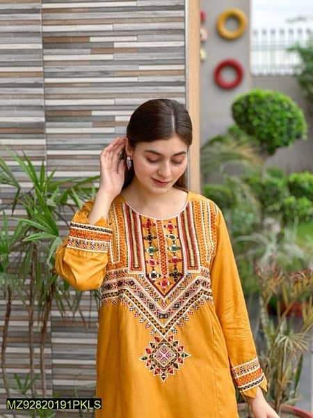 2 Pcs Women's Stitched Linen Embroidered Shirt And Trouser 4