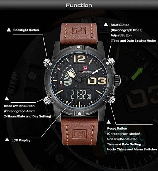 NAVIFORCEMen's Leather Quartz Digital Military Casual Sports Watch 4