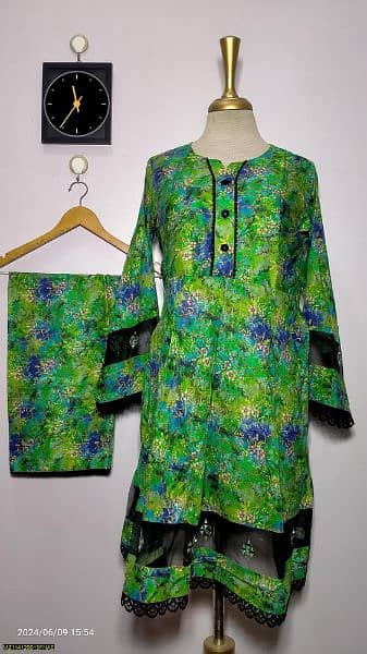 2 pcs woman's stitched Lawn digital print frock and trouser 0